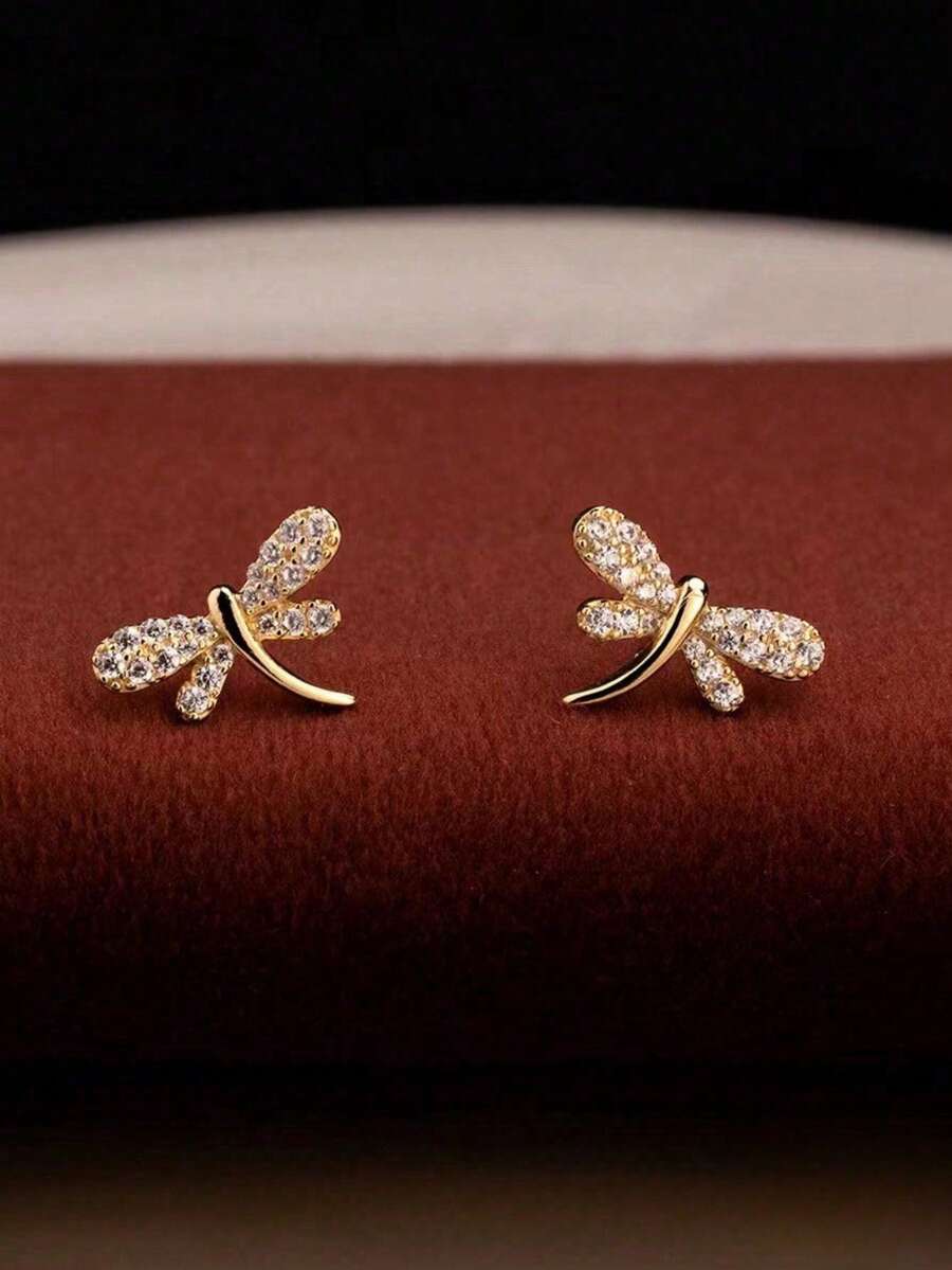 1 đôi Đơn giản Và Sang trọng S925 Bạc nguyên chất Mạ vàng 18K con chuồn chuồn Côn trùng Bông tai stud Đối với phụ nữ , Mặc hàng ngày Và Phụ kiện Qủa tặng - Vàng - Xem 1