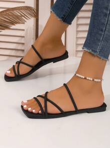 Nuevas Pantuflas Negras De Punta Cuadrada Y Suelo Plano Para El Verano, Clásicas, Cómodas Y Ligeras Para Usar En Interiores O Al Aire Libre.