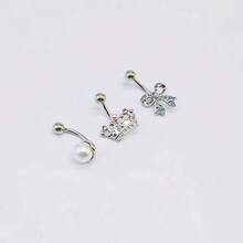 3入組流行的罕見三葉設計珍珠&皇冠&蝴蝶結裝飾身體穿環/腹部釘,適用於女性的日常穿着 - 三葉托珍珠皇冠蝴蝶臍環 - 查看 5