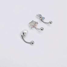 3入組流行的罕見三葉設計珍珠&皇冠&蝴蝶結裝飾身體穿環/腹部釘,適用於女性的日常穿着 - 三葉托珍珠皇冠蝴蝶臍環 - 查看 3