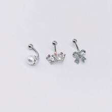 3入組流行的罕見三葉設計珍珠&皇冠&蝴蝶結裝飾身體穿環/腹部釘,適用於女性的日常穿着 - 三葉托珍珠皇冠蝴蝶臍環 - 查看 2