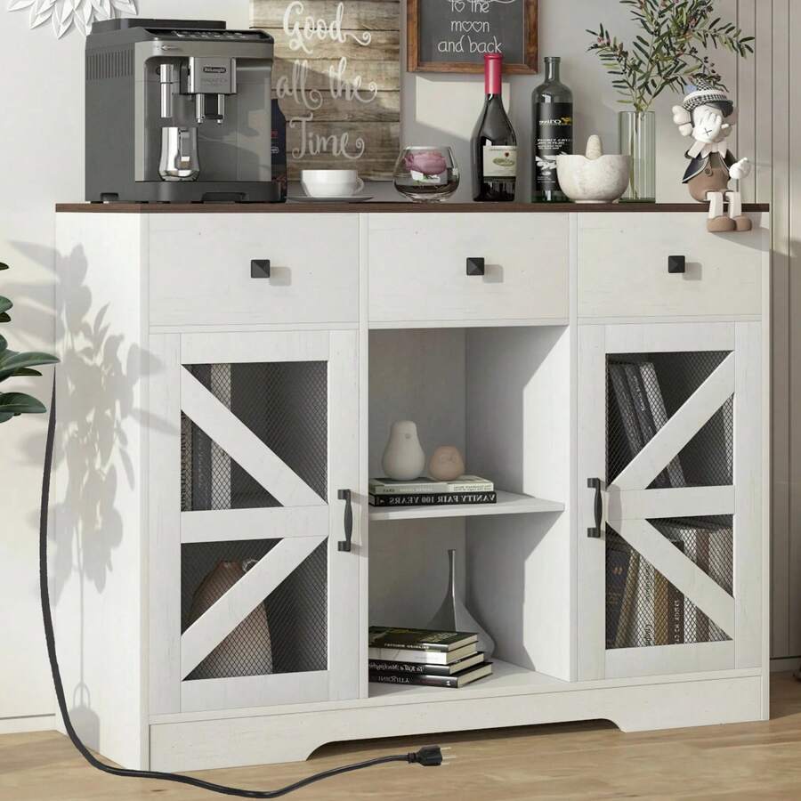 Farmhouse Coffee Bar Cabinet, 42"/54" Kitchen Buffet Storage Cabinet With Doors And Drawers, Farmhouse Sideboard Buffet Table Coffee Bar Cabinet For Dining Room Living Room - 白色 - 查看 1