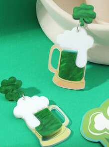 1Pair Cute Green Clover Beer Glass Shape Drop Earrings For Women For St. Patrick'S Day Party Festival Accessories - Dark Green - View 4