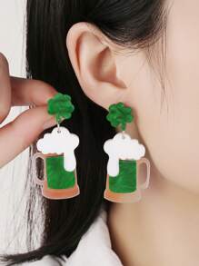 1Pair Cute Green Clover Beer Glass Shape Drop Earrings For Women For St. Patrick'S Day Party Festival Accessories - Dark Green - View 1