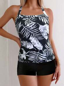 Tropical Plants & Leaves Print Tankini Top And Boyshorts Bottom Athletic Tankini Summer