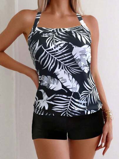 Tropical Plants & Leaves Print Tankini Top And Boyshorts Bottom Athletic Tankini Summer