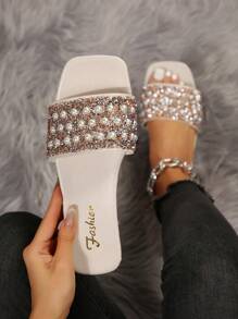 新款女士浪漫海灘涼鞋,加大尺碼,仙靈風格,外部鑲有鑽石拖鞋 - 卡其色 - 查看 1