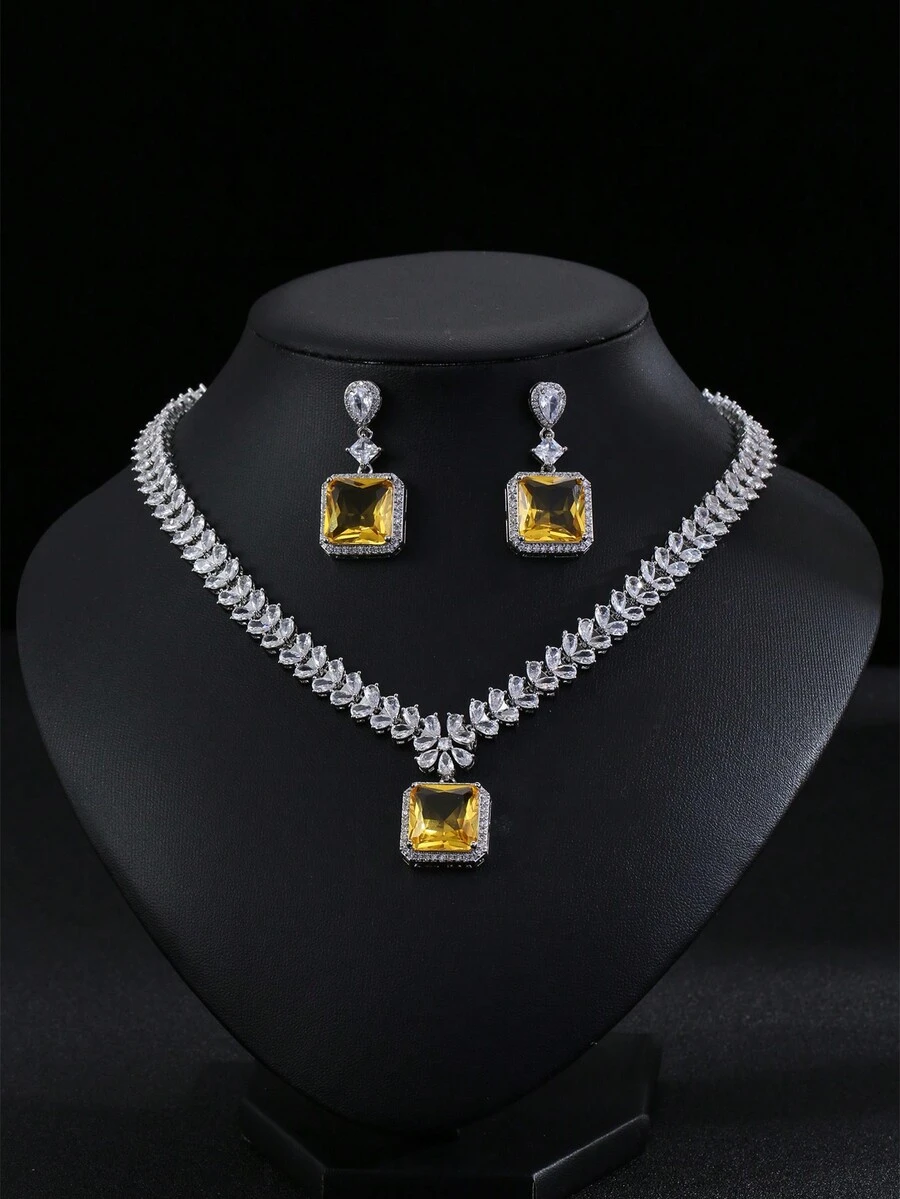 1套/3入歐美風格的方形花卉設計項鍊和耳環套裝,適用於婚禮、宴會、高層建築、女性、節日場合 - 正方 - 查看 1