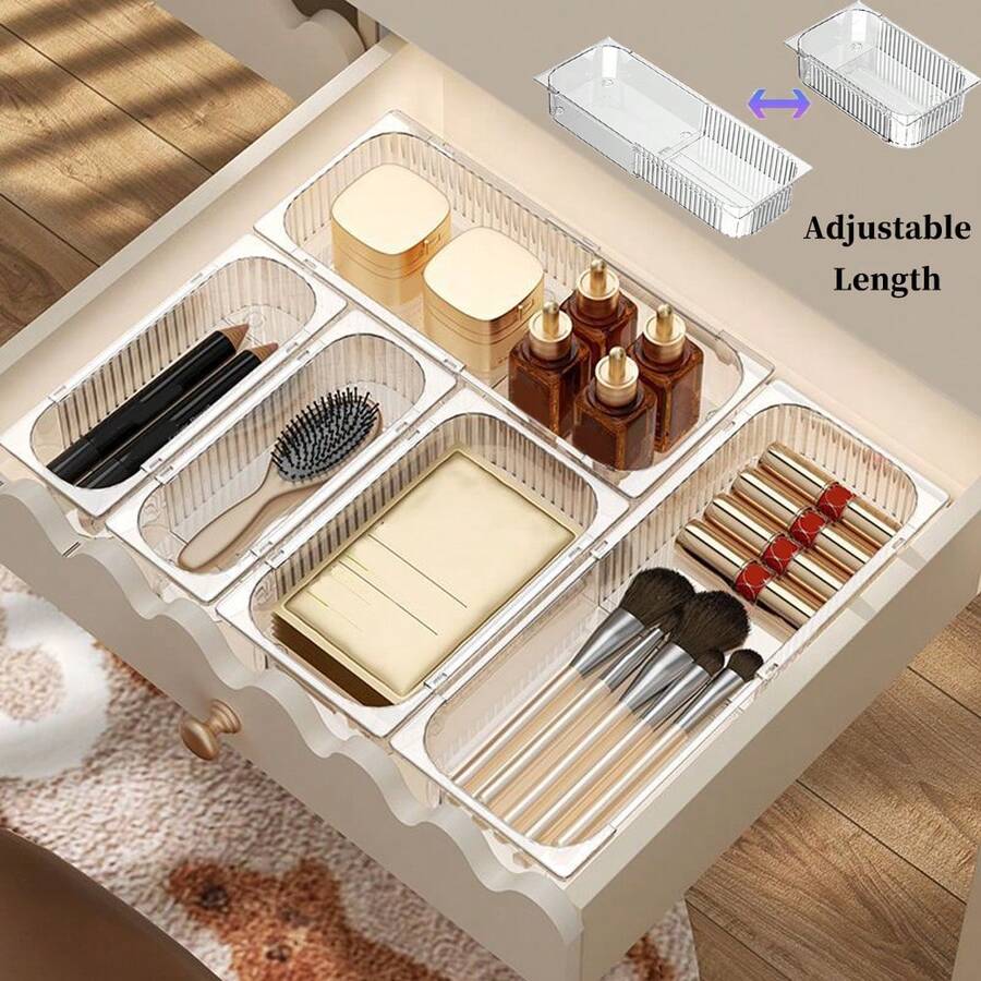1入可調長度抽屜收納盒,易於分類的透明抽屜收納盤,適用於廚房、浴室、辦公桌、化妝、珠寶等 - 無色 - 查看 1