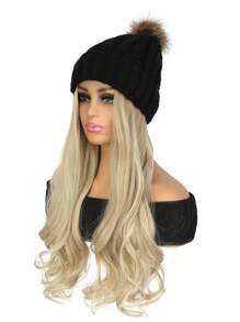 18英寸女性合成纖維帽式假髮,可拆卸帶有大波浪長卷髮的黑色針織帽子,啞光高溫絲頭套假髮,適合日常穿著,高清假髮帽子,可替換假髮頭套,合成纖維假髮,卷曲假髮 - 間色 - 查看 4