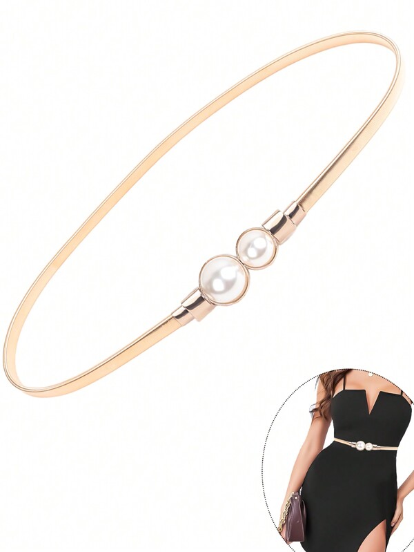 1pc Metal Elastic Dress Belt Pearl Belt Wedding Belt Waist Chain Ladies Belt Fashion Waist Chain Belt Decoration Suitable For Ladies And Girls In Gold Party Summer, School