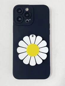 1pc Daisy Floral Pattern Rotating Mirror + 1pc Black Material Protective Phone Case With Angel Eyes Lens Hole, Compatible With Apple/Samsung/Xiaomi/Redmi/Oppo/Vivo/Transion/Realme/Infinix - Black - View 5