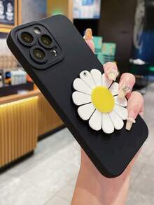 1pc Daisy Floral Pattern Rotating Mirror + 1pc Black Material Protective Phone Case With Angel Eyes Lens Hole, Compatible With Apple/Samsung/Xiaomi/Redmi/Oppo/Vivo/Transion/Realme/Infinix - Black - View 3