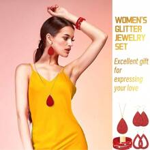 4 Pieces Women's Glitter Jewelry Set Bridal Wedding Multi-Layer Bracelet Faux Leather Dangle Earrings Necklace - Red - View 5