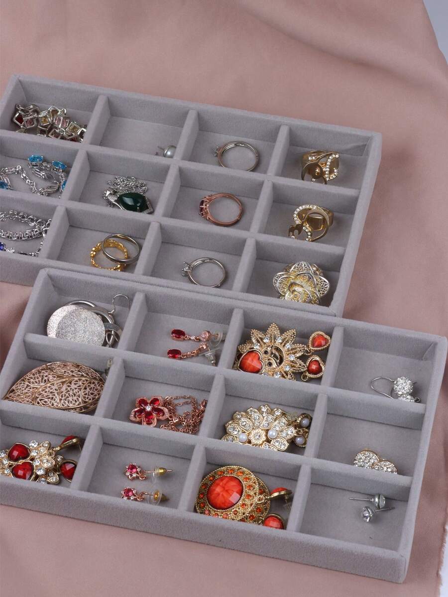 1入灰色絨面珠寶托盤,附有12個格子,附有灰色小珠寶盒,用於戒指,耳環,手鍊,項鍊的珠寶展示收納盒 - 灰色 - 查看 1
