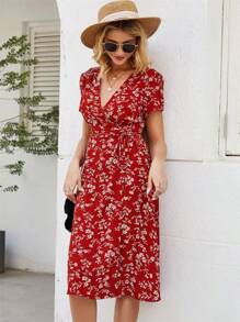 Y2K Vestido boho floral con cuello en V para mujer - Rojo - Ver 4