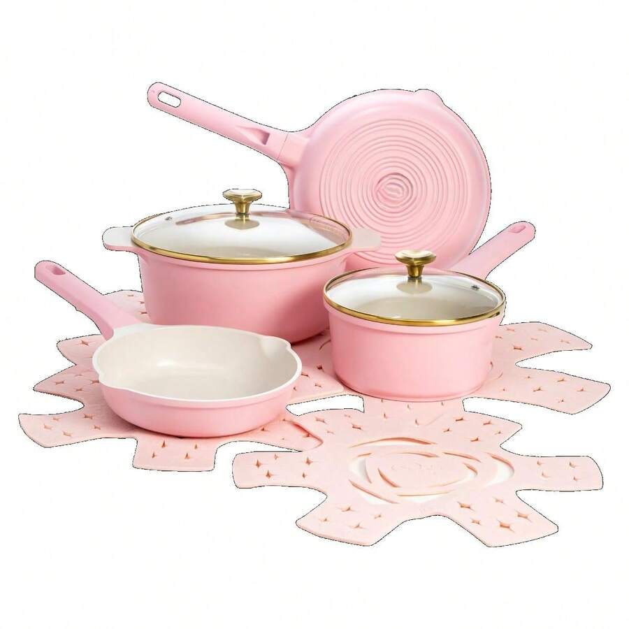 Nonstick Cast Aluminum Cookware Set With Heart Shaped Lid Knobs, Pink - Pink - View 1
