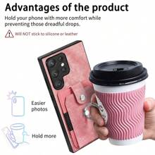 Solid Color Vintage Hardware Ring Card Leather Phone Case Compatible With Samsung Galaxy S22 S22 Ultra S23 Plus Waterproof, Scratch-Proof, Shock-Proof Phone Holder All-In-One Leather Phone Case Compatible With Samsung Galaxy S22Plus S23FE S23 S23 Ultra - Black - View 5