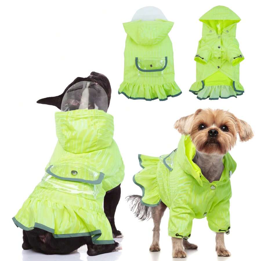 中小型犬連帽狗狗雨衣,反光狗狗雨衣雨衣,連帽狗狗雨衣帶皮帶環,狗狗防風衣防水狗狗洋裝透明帽簷 - 綠色 - 查看 1
