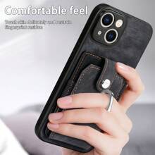 Solid Color Vintage Hardware Ring Card Leather Phone Case Compatible With Samsung Galaxy S22 S22 Ultra S23 Plus Waterproof, Scratch-Proof, Shock-Proof Phone Holder All-In-One Leather Phone Case Compatible With Samsung Galaxy S22Plus S23FE S23 S23 Ultra - Black - View 2