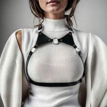 女士胸罩肩帶身體安全帶 Pu 皮革 Croset 束縛吊襪帶俱樂部服 - 黑色 - 查看 1