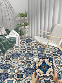 1 Set / 10 Piezas Losetas Autoadhesivas De Decoración De Suelo Pvc Removible Y Adhesivo De Pared Cuadrado Impermeable Con Patrón Floral De Estilo Europeo, Adecuado Para La Decoración Del Hogar - Multicolor - Ver 2