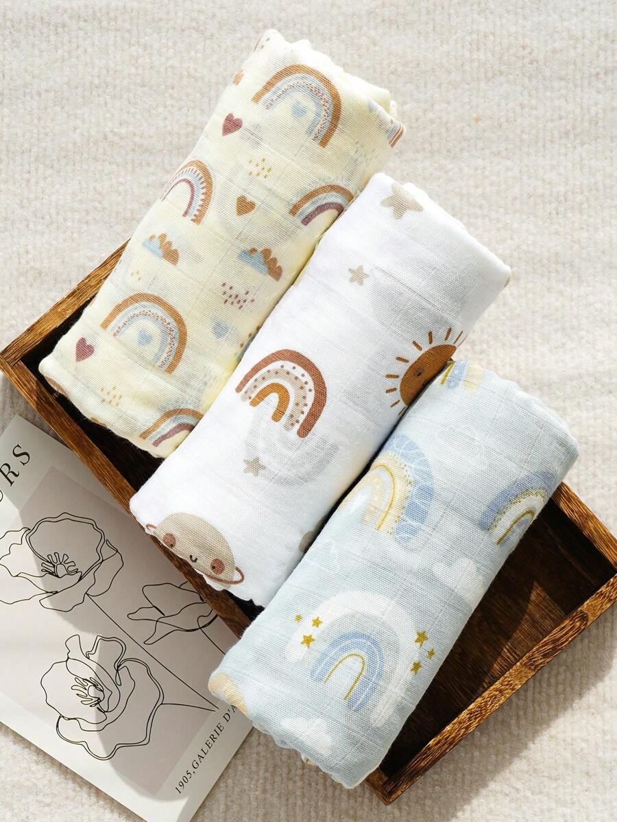 Happy Flute Vui vẻ Ống sáo Hoa văn cầu vồng Muslin Cây tre Chăn Quấn em bé Chăn Quấn 3 cái/bộ 120*110cm - Nhiều màu - Xem 1