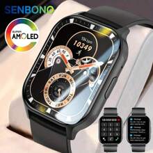 Senbono 2.04'' Amoled屏幕智慧手錶男女適用於ios Xiaomi,bt/接聽電話健身追蹤器防水運動智慧手錶男士 - 黑色 - 查看 2