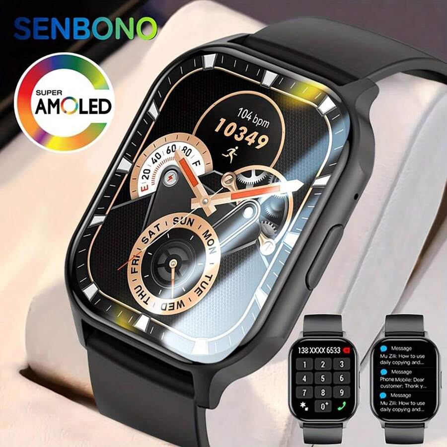Senbono 2.04'' Amoled屏幕智慧手錶男女適用於ios Xiaomi,bt/接聽電話健身追蹤器防水運動智慧手錶男士