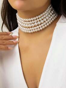 1pc Fashionable Atmosphere Multi-Layered Exaggerated Faux Pearl Collarbone Necklace, Asymmetrical Beaded Charm Necklace, Ladies' Wedding Jewelry And Festival Gift