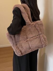 MOBAOFANG 休閒秋冬新時尚毛絨女手提袋,大容量手提袋可愛的純色袋適用於日常使用 - 卡其色 - 查看 6