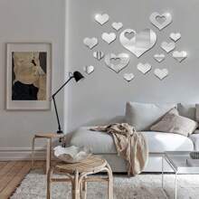 16 件心型壓克力鏡子牆貼,非常適合臥室、浴室、客廳、沙發背景裝飾 - 銀色 - 查看 1