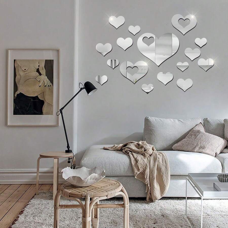 16 件心型壓克力鏡子牆貼,非常適合臥室、浴室、客廳、沙發背景裝飾 - 銀色 - 查看 1