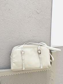 可調節肩帶的簡約時尚肩袋 - 米色 - 查看 7