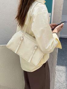 可調節肩帶的簡約時尚肩袋 - 米色 - 查看 5