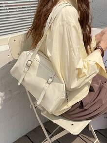 可調節肩帶的簡約時尚肩袋 - 米色 - 查看 4