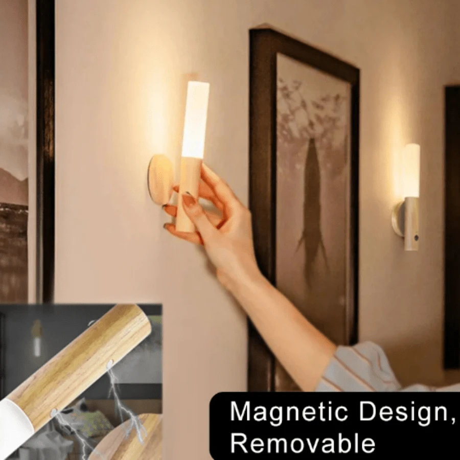 1pc White Wax Wood Led Usb Night Light, Wireless Stair Light, Corridor Light, Wall Light, Household Bedroom Table Lamp - Apricot - View 1