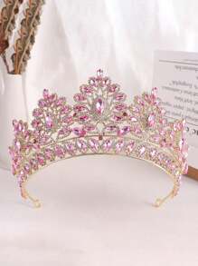 女性用大型水晶皇冠,高級選美皇冠,鑲有鑽石,皇家女王發帶,公主十五歲生日頭飾,適用於婚禮生日舞會捧場表演扮演,優雅大方 - 粉色 - 查看 1