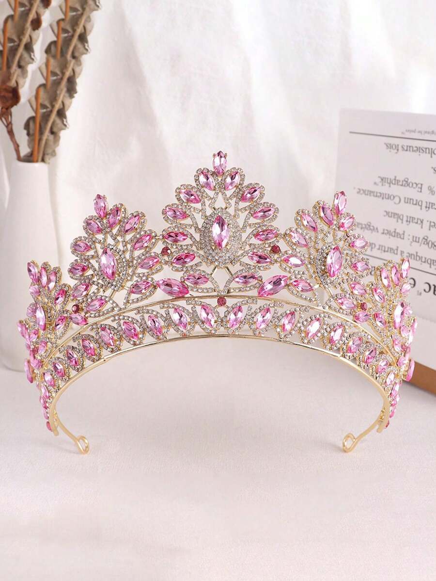 女性用大型水晶皇冠,高級選美皇冠,鑲有鑽石,皇家女王發帶,公主十五歲生日頭飾,適用於婚禮生日舞會捧場表演扮演,優雅大方 - 粉色 - 查看 1