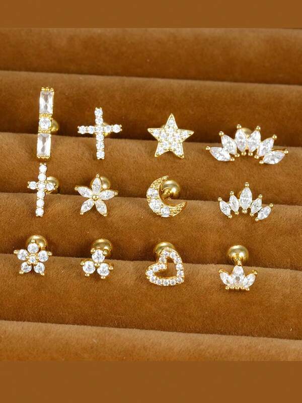 1pc Shiny Cubic Zirconia Stud Earrings For Women 18K Gold Plated Inlaid CZ Cartilage Helix Tragus Piercing Gift Jewelry Rabbit Star Flower Stud Earrings