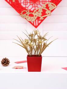 1入組人工風信子春節盆栽 - 春節家居客廳,辦公室桌面氛圍裝飾擺件,店鋪節日裝飾擺件 - 紅金色 - 查看 6