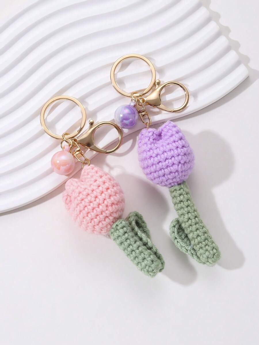 手工鉤針鬱金香鑰匙扣,卡通可愛禮物花袋吊飾 - 彩色 - 查看 1