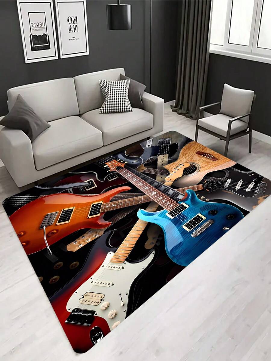 1pc Non-Slip Printed Guitar Area Rug, Suitable For Living Room, Coffee Table, Study, Bedroom And Bedside - Soft & Durable Material, Elegant Home Decoration - Multicolor - View 1