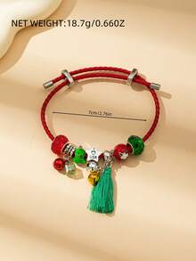 1個附皮革流蘇五角星和鈴鐺裝飾的可調節女士手鐲,非常適合節日,是家人和朋友的禮物 - 流蘇 - 查看 2
