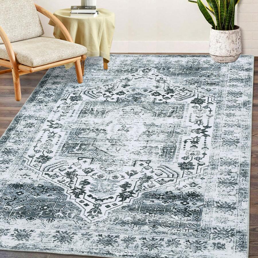 Living Room Area Rugs Indoor Vintage Boho Rug Bedroom Traditional Washable Rug Non Slip Distressed Floor Carpet For Dining Room Floral Print Retro Carpet Mat Throw Rug Hallway Runner Kitchen Floorcover Mat Entryway Mat For Laundry Bathroom, Taupe - Xám - Xem 1