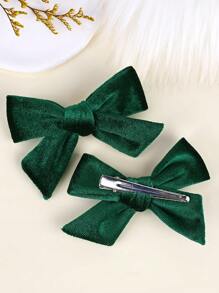 2入組/個女孩絨布蝴蝶結裝飾髮夾 - 墨綠色 - 查看 3