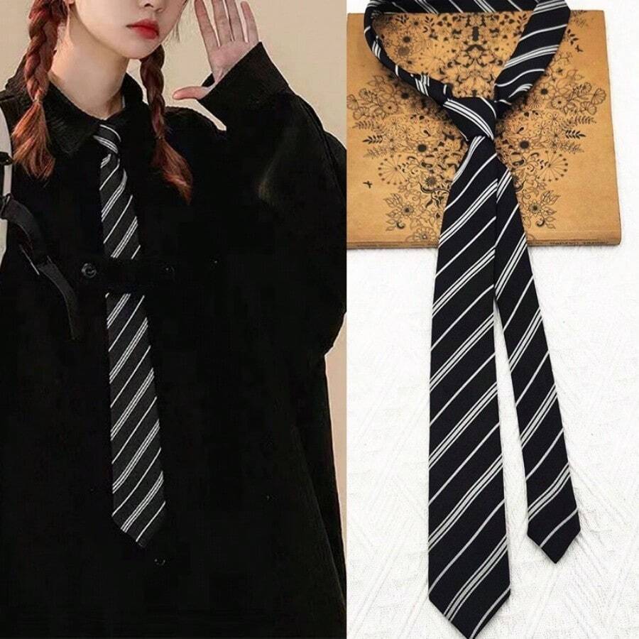 1 Piece Of Women's Black And White Striped Polyester Hand-Tied Tie Suitable For Formal Shirts And Gifts - Black and White - View 1