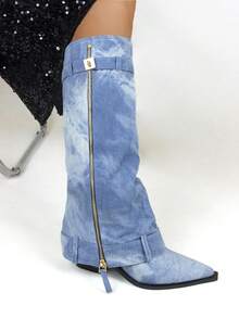 新款女款時尚金屬鎖扣裝飾漸變牛仔牛仔褲靴子靴子適合春秋休閒和日常 - 藍色 - 查看 5