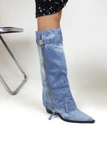 新款女款時尚金屬鎖扣裝飾漸變牛仔牛仔褲靴子靴子適合春秋休閒和日常 - 藍色 - 查看 6