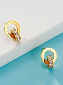 1雙耳環由無鎳鈦鋼製成,中空圓圈設計,羅馬數字圖案和閃閃發亮的裝飾耳釘,優雅性感風格,女性禮物 - 金色 - 查看 7